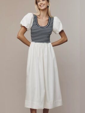 Maeve Puff-Sleeve Striped Poplin Midi Dress Navy and White